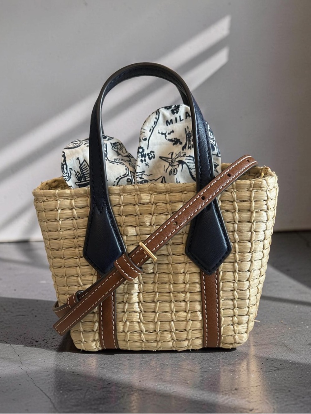 Tory Burch Straw Mini Tote Basket Bag w/ Printed Scarf Navy Leather Handles